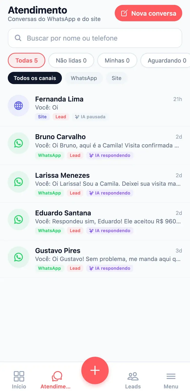 Caixa de entrada do app VeloImob com as conversas atendidas pela IA durante a noite