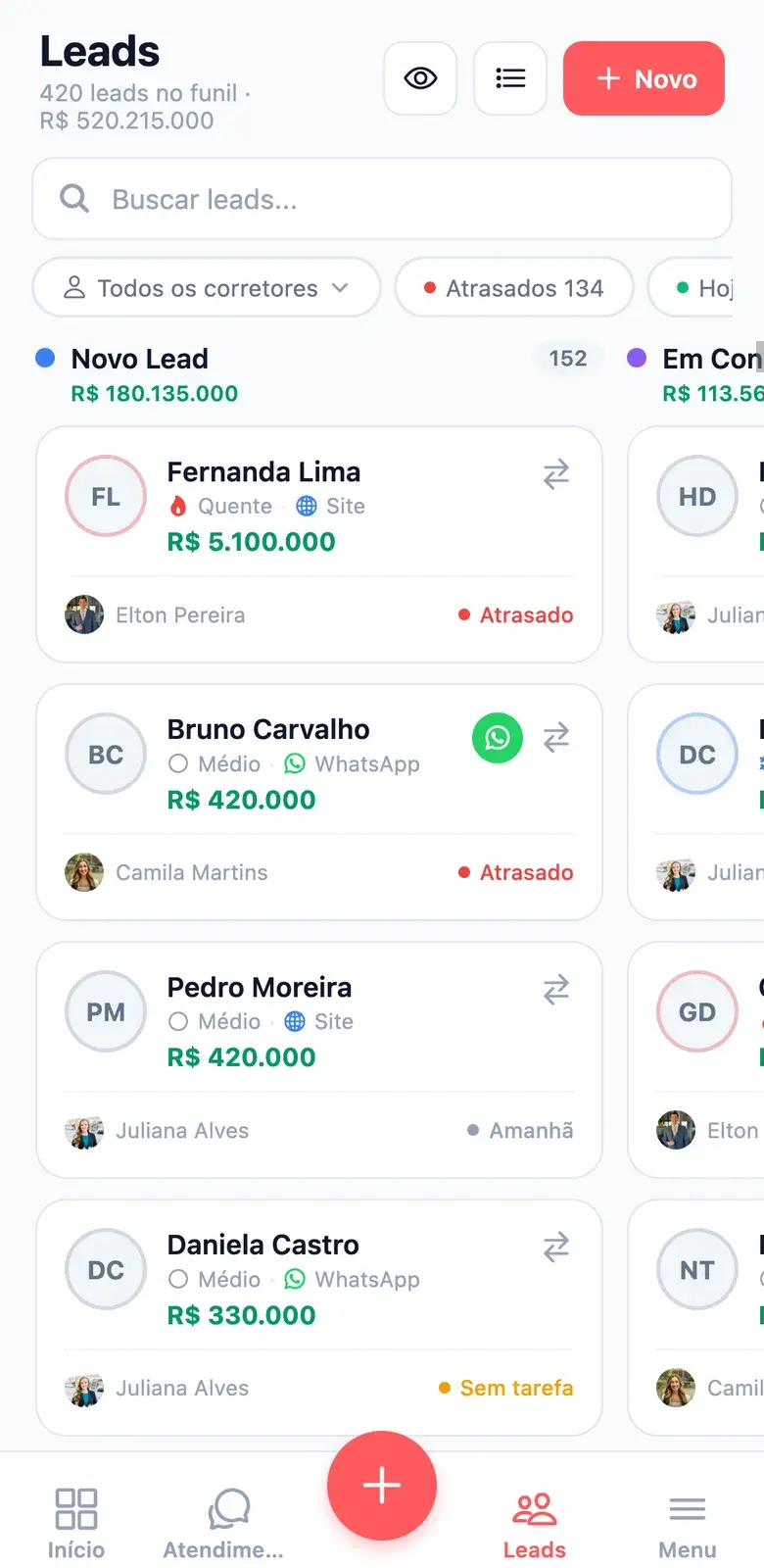App VeloImob: funil de leads com valor e corretor responsável