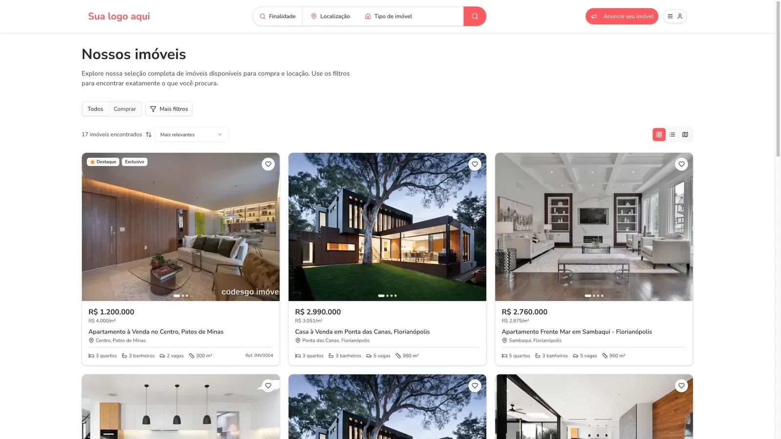 Página de imóveis do site da imobiliária feito no VeloImob, com fotos, preço e características