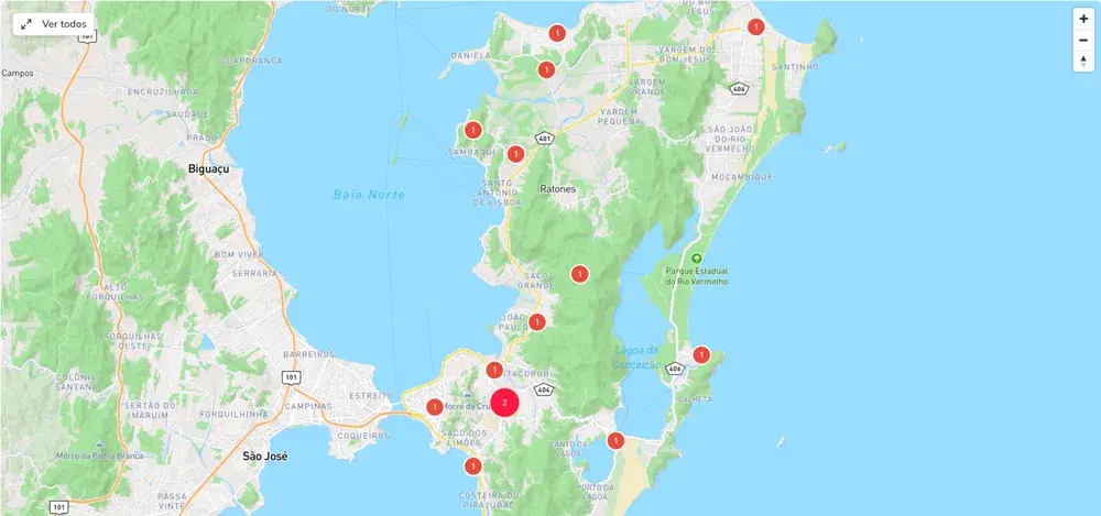 Imóveis do site no mapa, com a localização de cada um